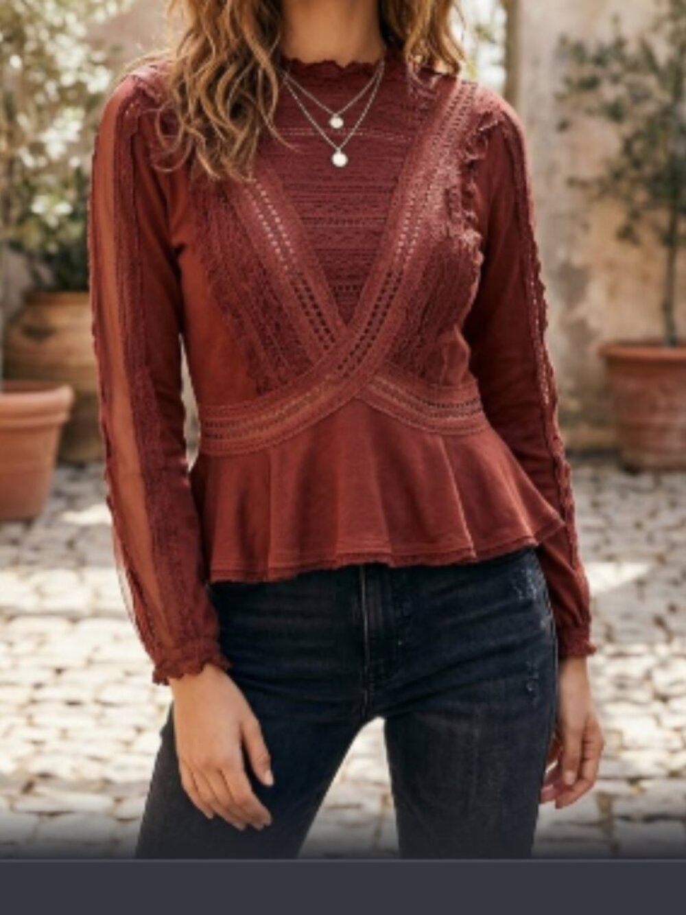 Free People New Romantics Maroon High Neck Lace Inset Sweater sz XS